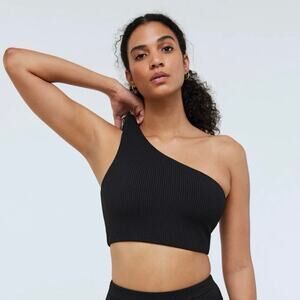 NWT Madewell Ribbed One-Shoulder Longline Bikini Top Black Small Vacation UPF 50